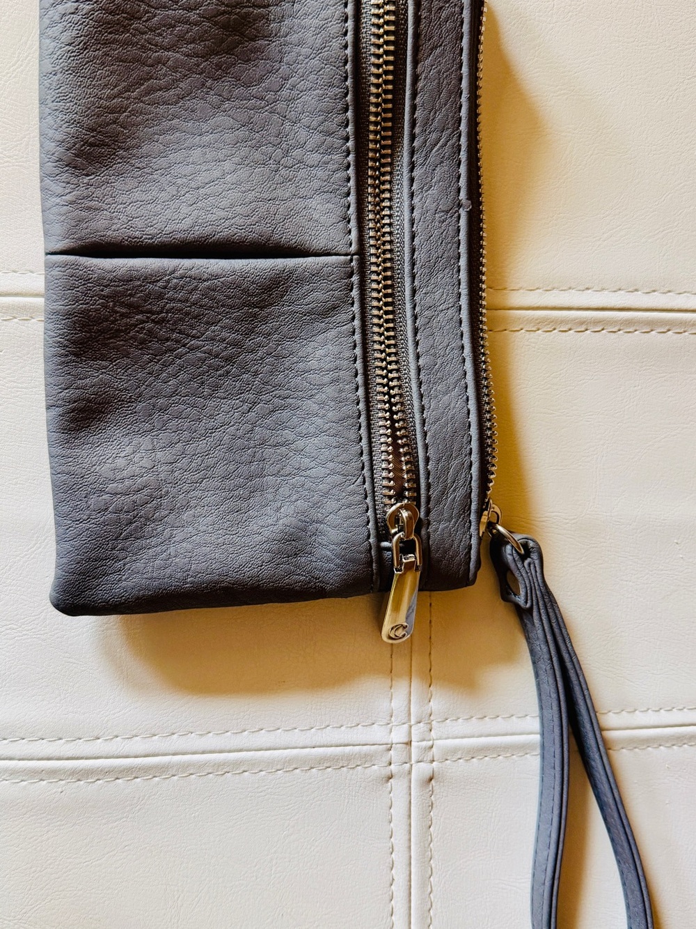 Gray Leather Wristlet Clutch with Double Zippers